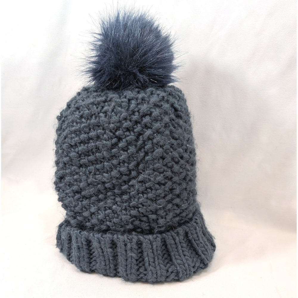 Pistil Blue Beanie; Chunky Knit, Faux Fur Pom Pom, Winter Hat